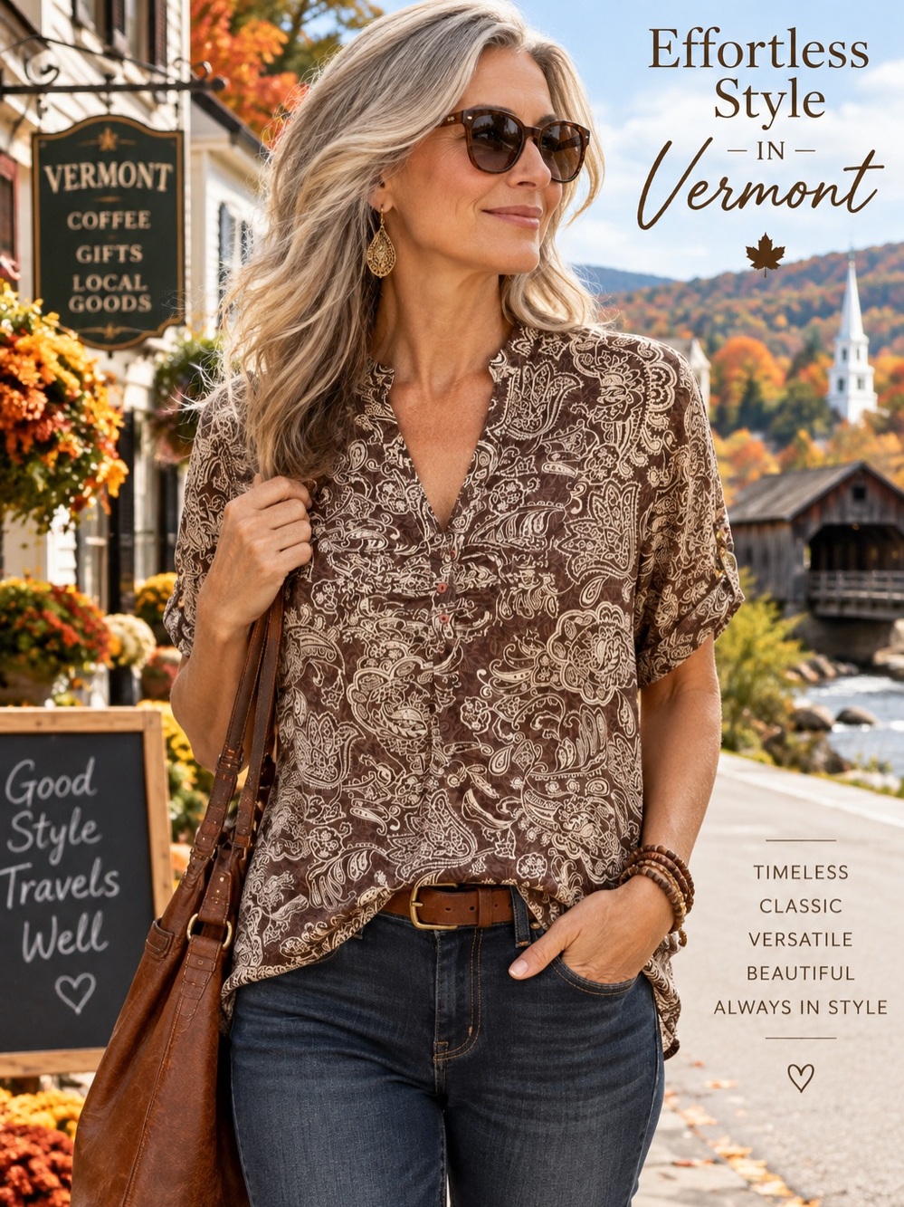 Christina Boho Paisley Blouse Brown Cream Button Front Relaxed Fit Size M